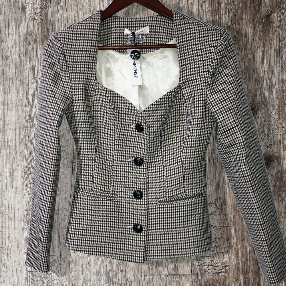Commense Cream Brown Black Houndstooth Sweetheart Neckline Blazer Jacket XS NWT - Picture 7 of 13